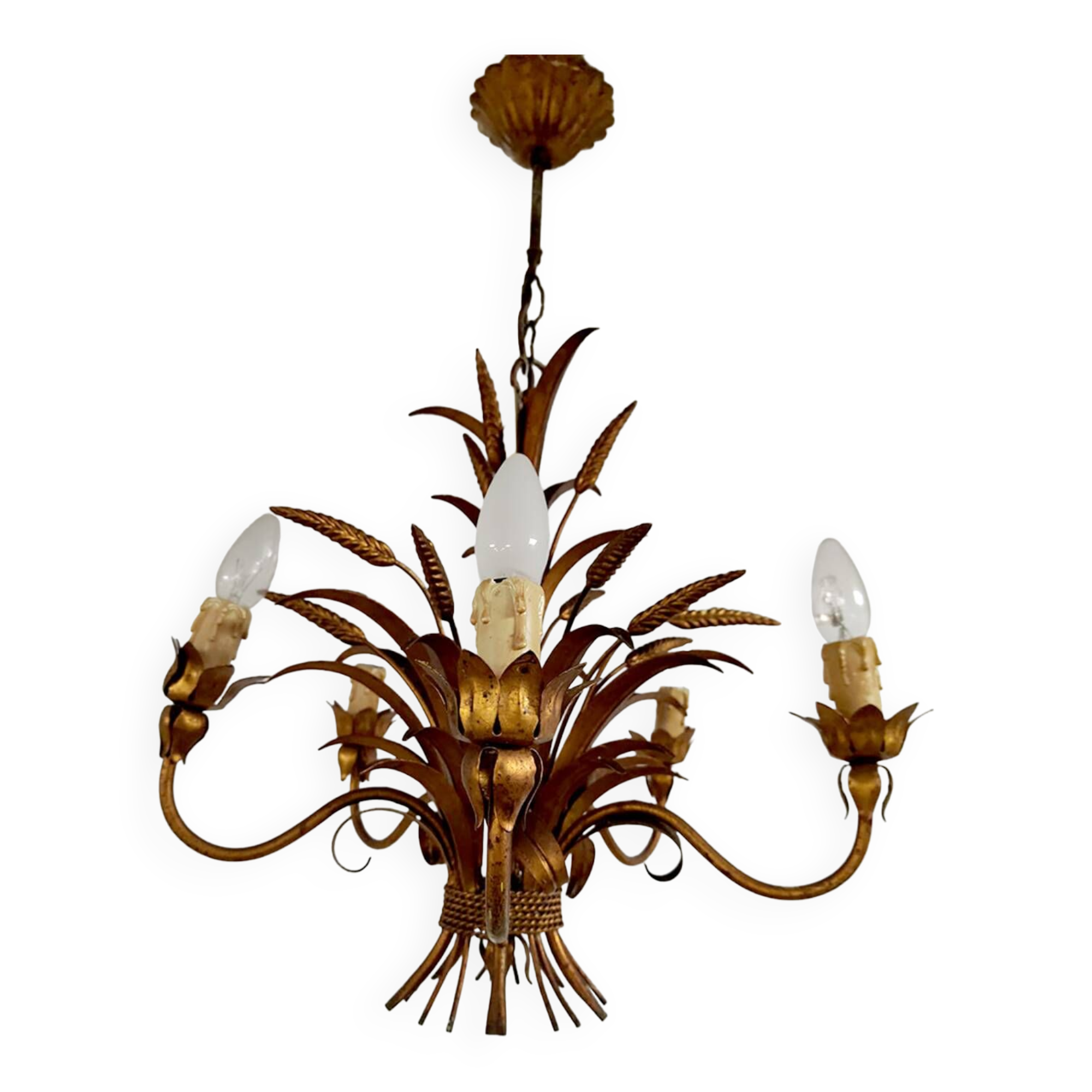 Vintage Hollywood regency brass wheat pendant lamp