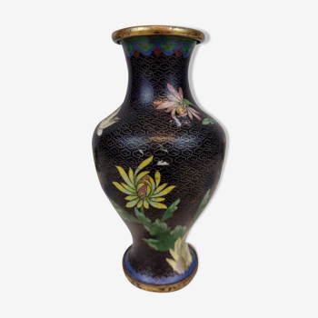 Vase émaux cloisonnés décor fleurs et oiseaux