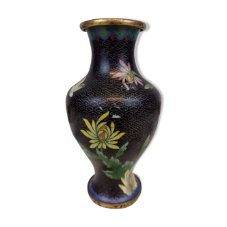 Vase émaux cloisonnés décor fleurs et oiseaux