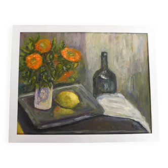 Painting 1970' Still life bouquet, lemon and bottle