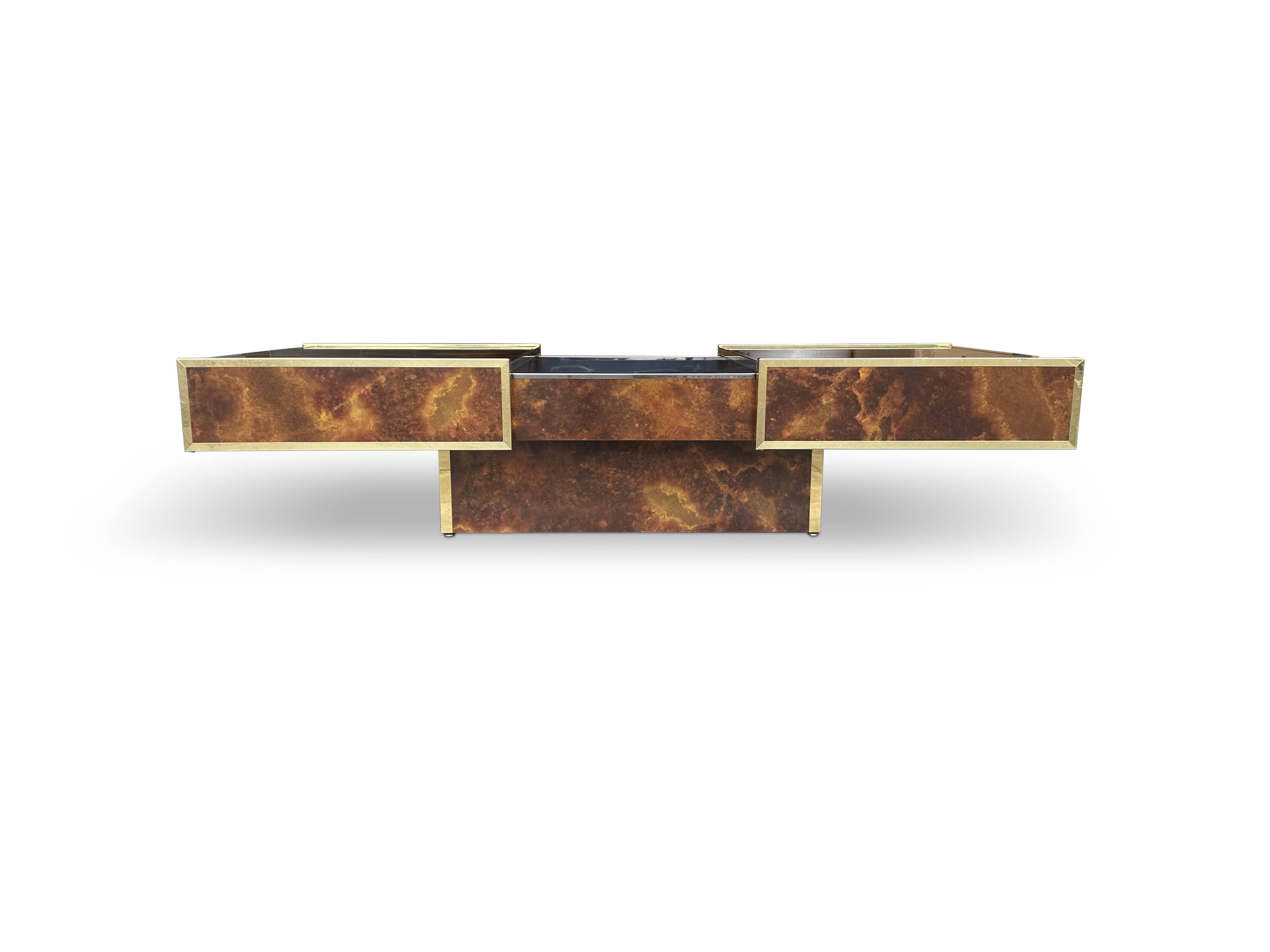 Burl wood and brass metal coffee table with integrated bar by Maison Lancel