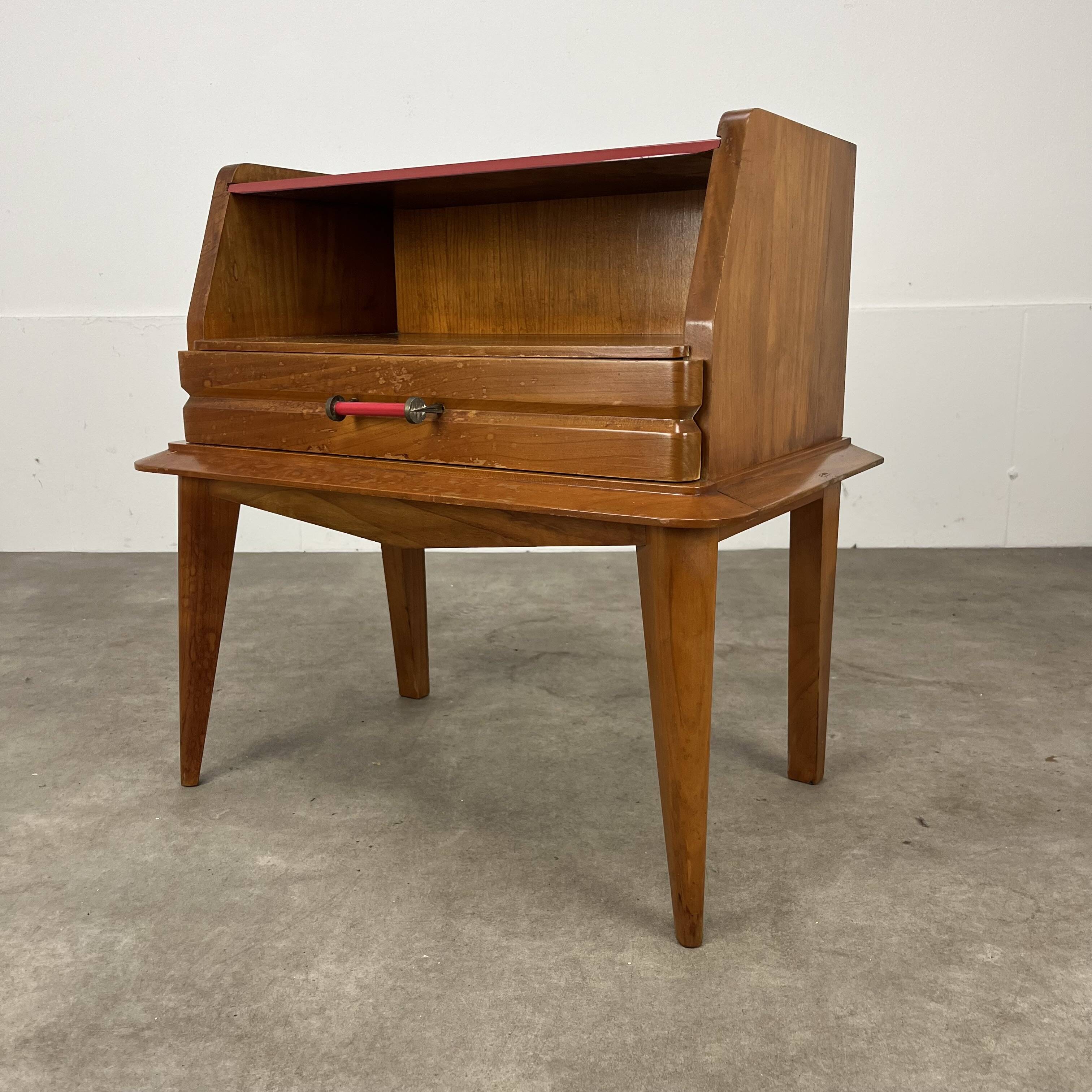 50s vintage style bedside table, wood and glass