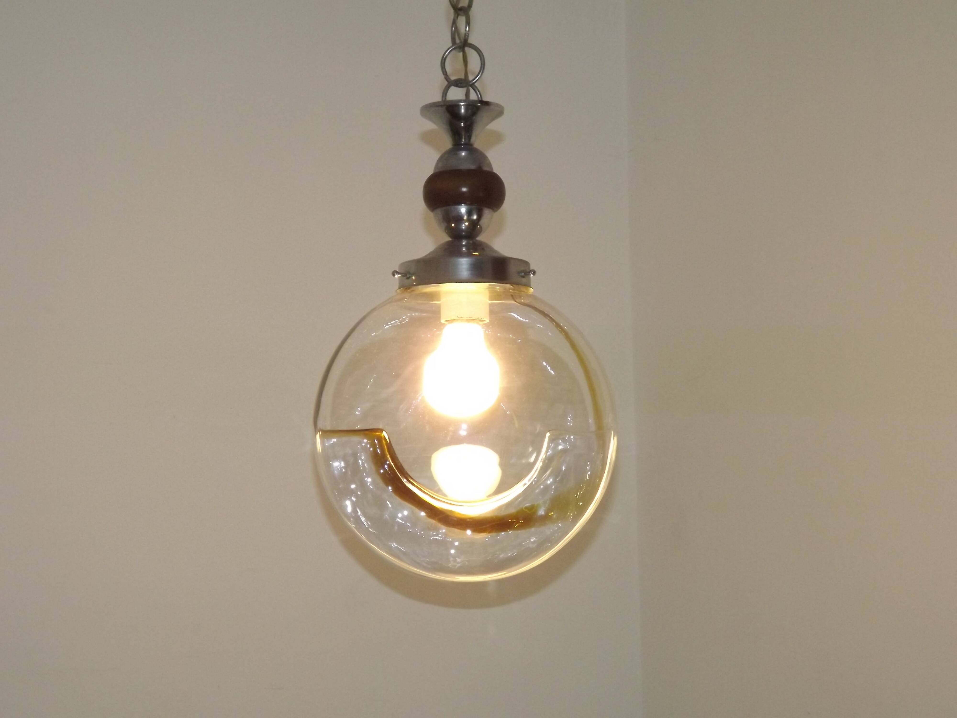 Vintage Murano Glass Globe Pendant Ceiling Light Amber Wave Mazzega Style