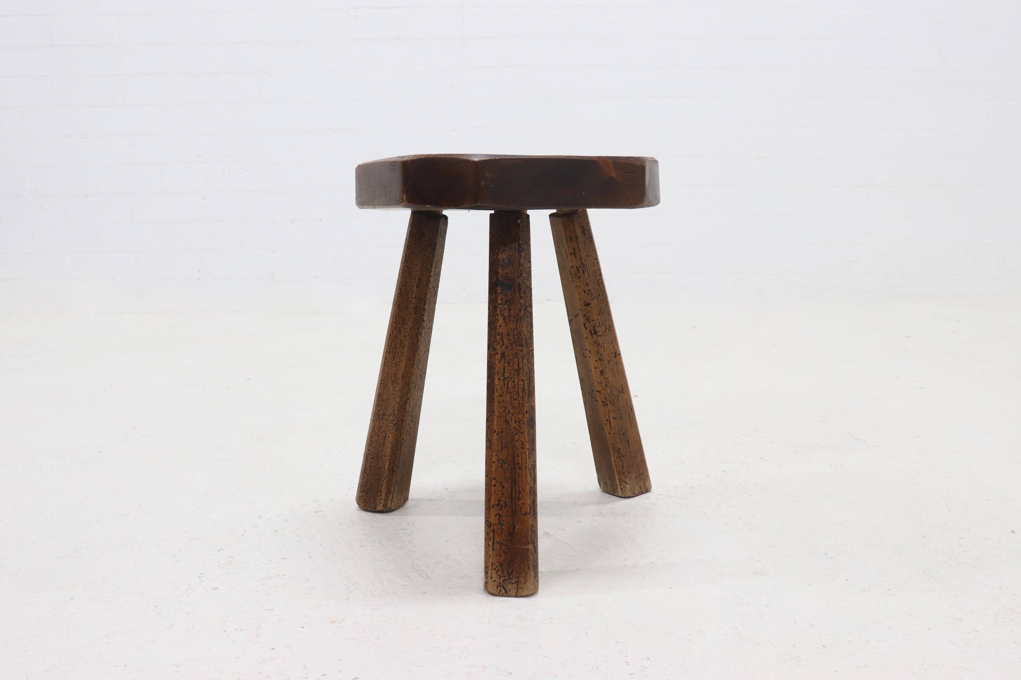 Artisan Stained Pine Stool France 1950s