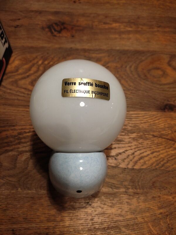 Wall lamp globe blown glass support white speckled blue Tissot vintage