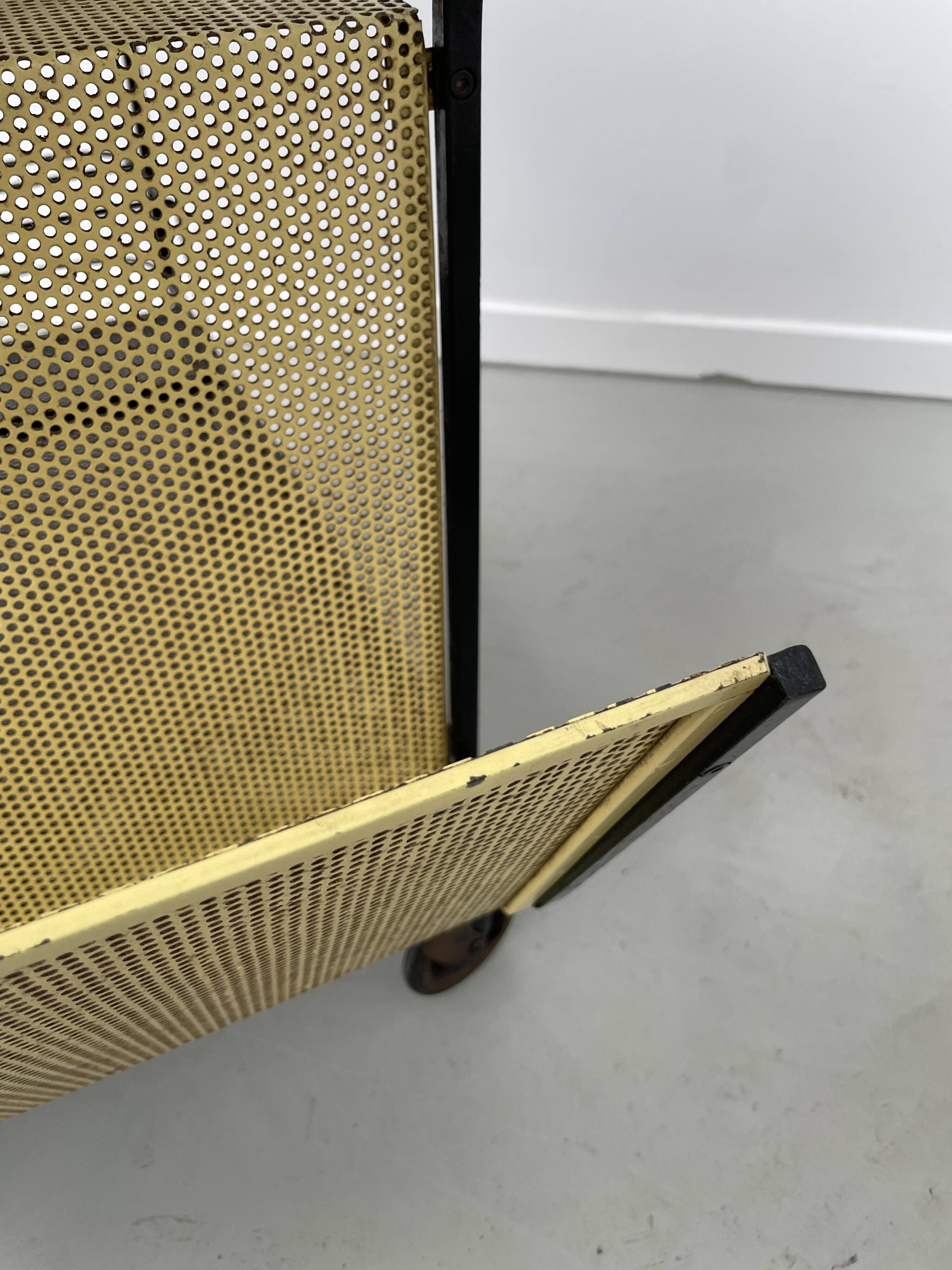 Perforated metal serving trolley in the Mathieu Matégot style