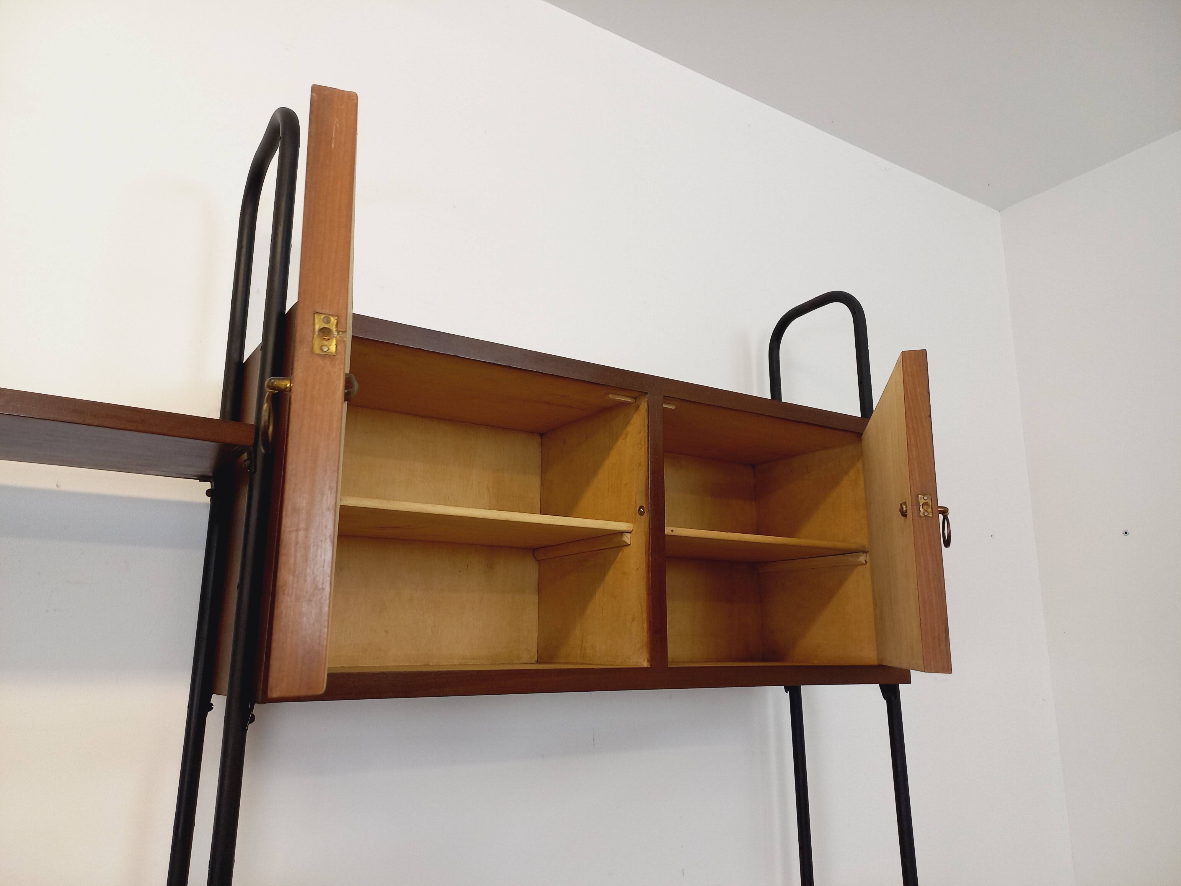 Vintage Italian double modular bookcase in wood and metal