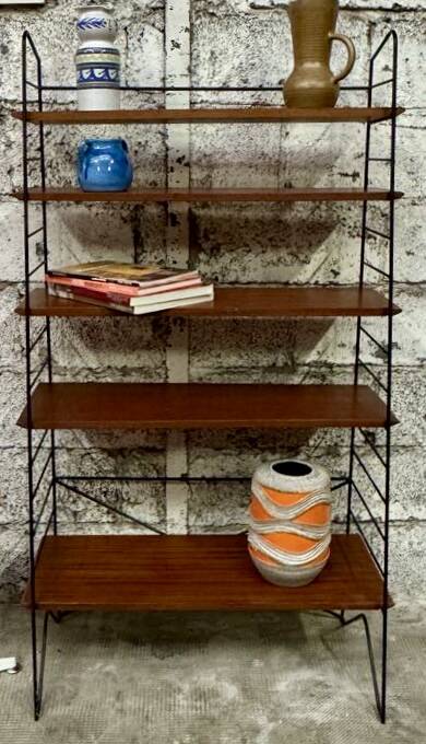 Étagère bibliothèque année 1950 en fer forgé et bois