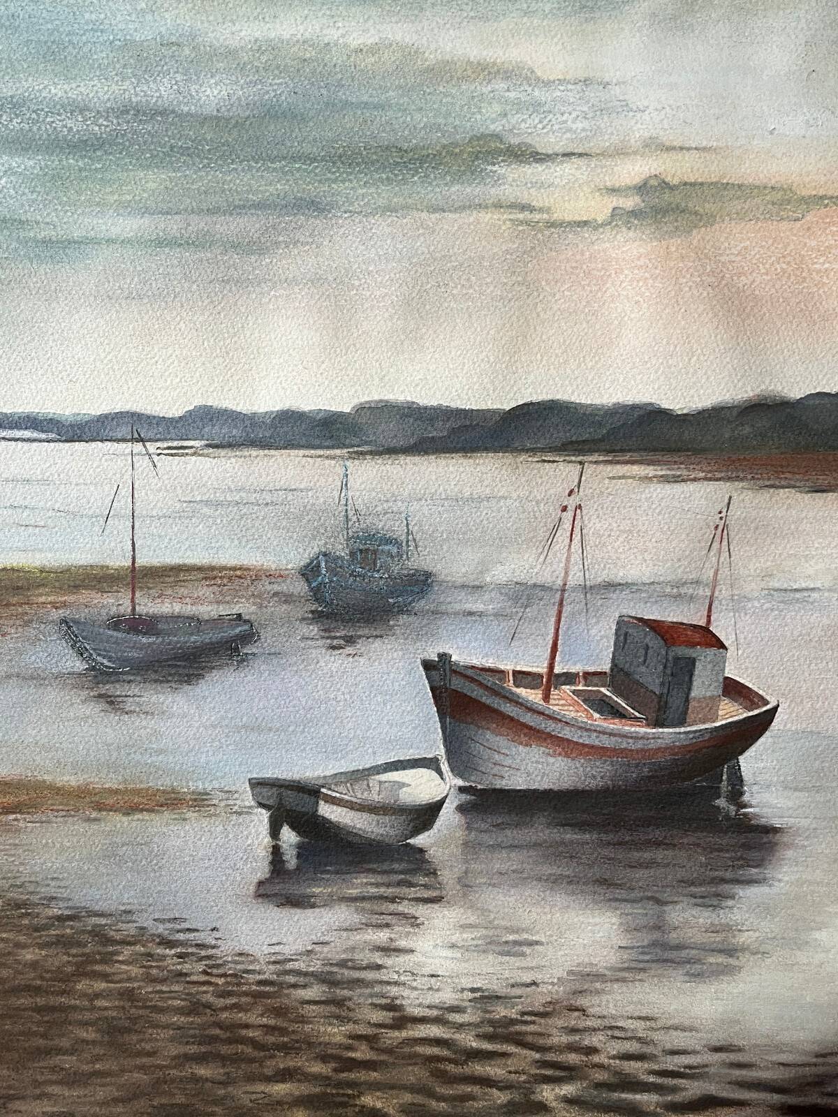 Large Watercolour Seascape (Saint Gilles?) Brittany Low Tide