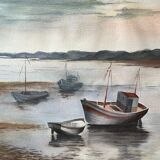 Large Watercolour Seascape (Saint Gilles?) Brittany Low Tide