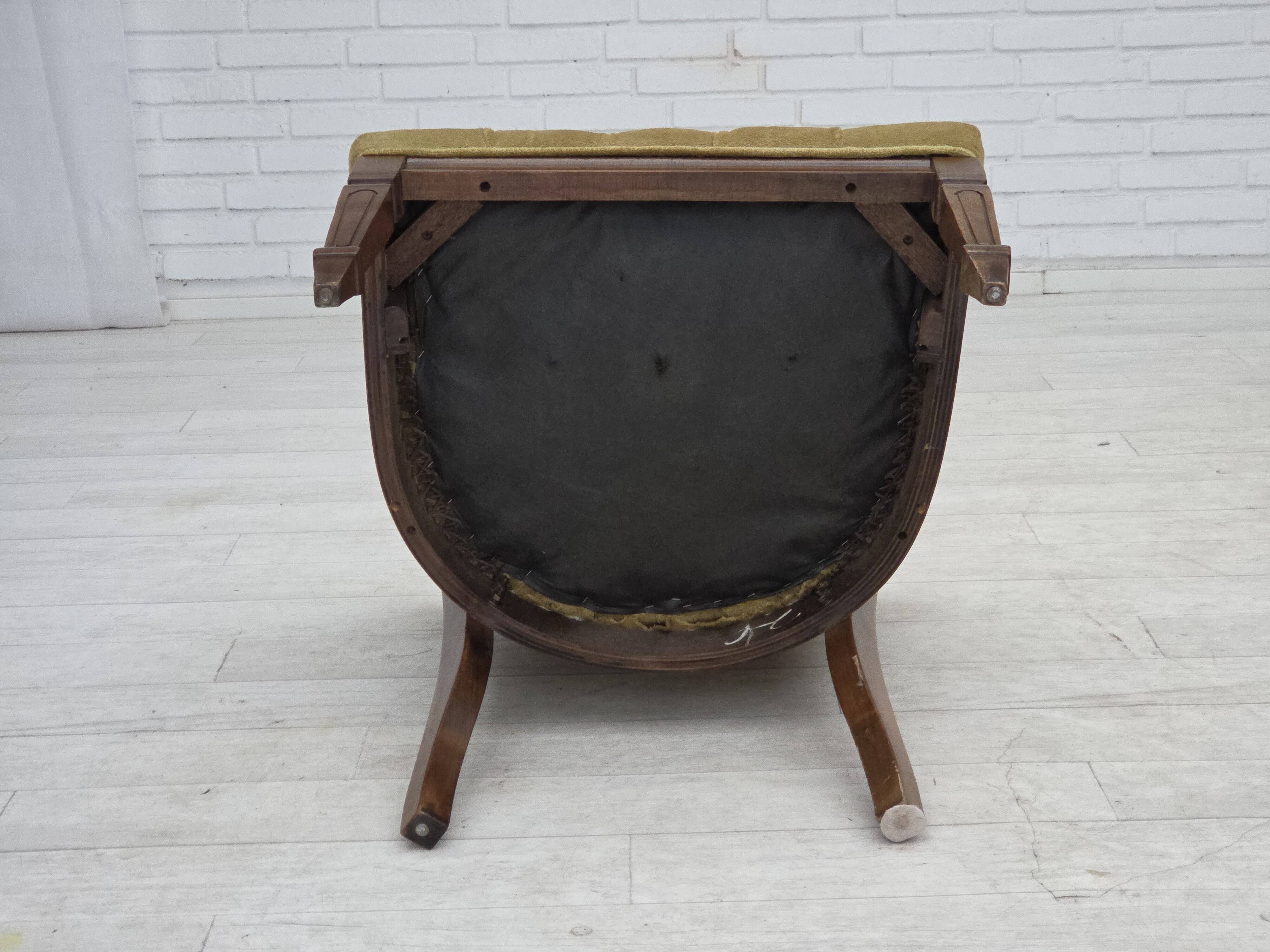 1950s, Danish easy chair, furniture velour, furniture mesh, oak wood.