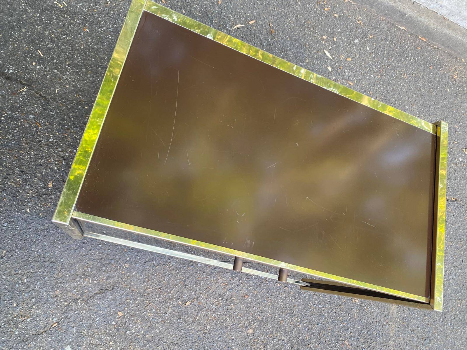 Vintage 70s TV cabinet Hi-Fi brass smoked glass on wheels Hollywood Reg