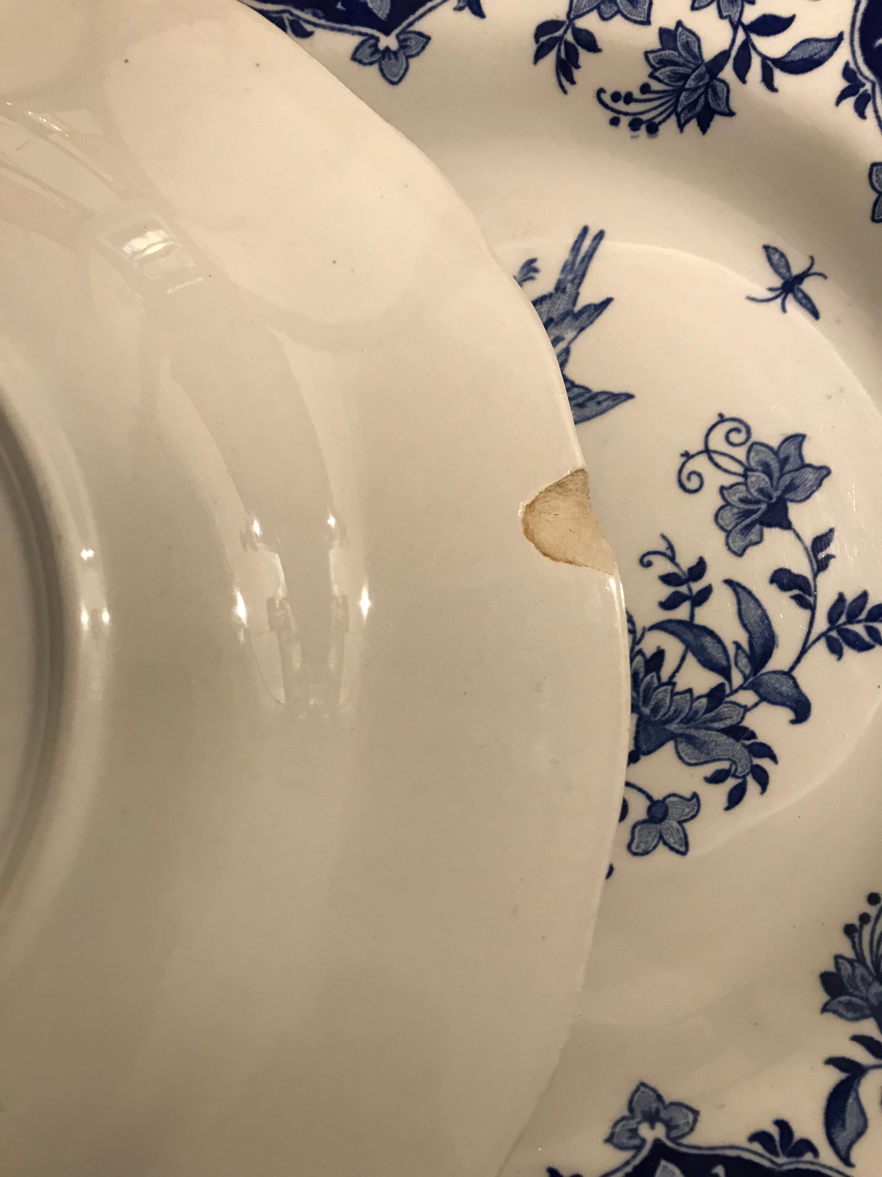 Lot of 5 flat plates and 5 plates Gien 1960, blue and white hollow