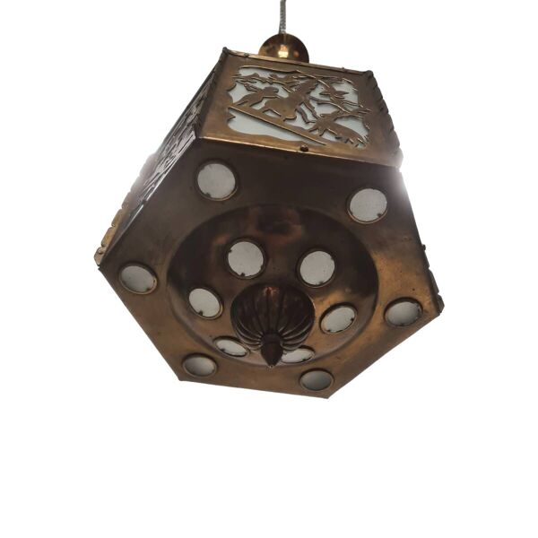 Lampe à suspension antique en laiton scié ajouré, début des années 1900