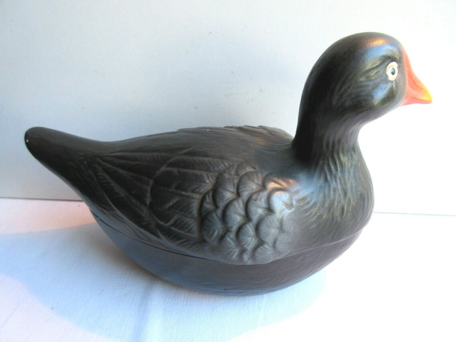 Old vintage terrine: blackened ceramic moorhen, CAUGANT production