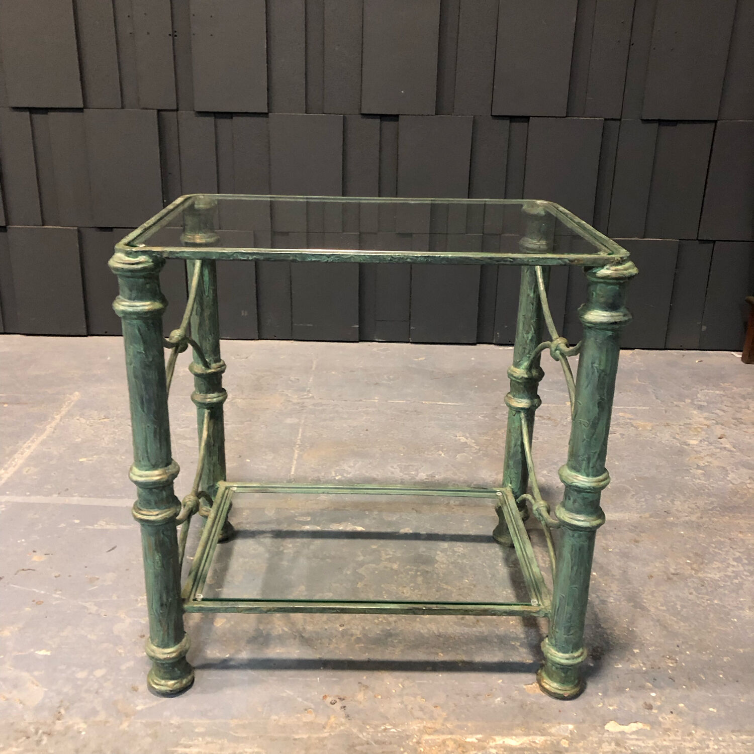 Iron and glass side table with antique patina