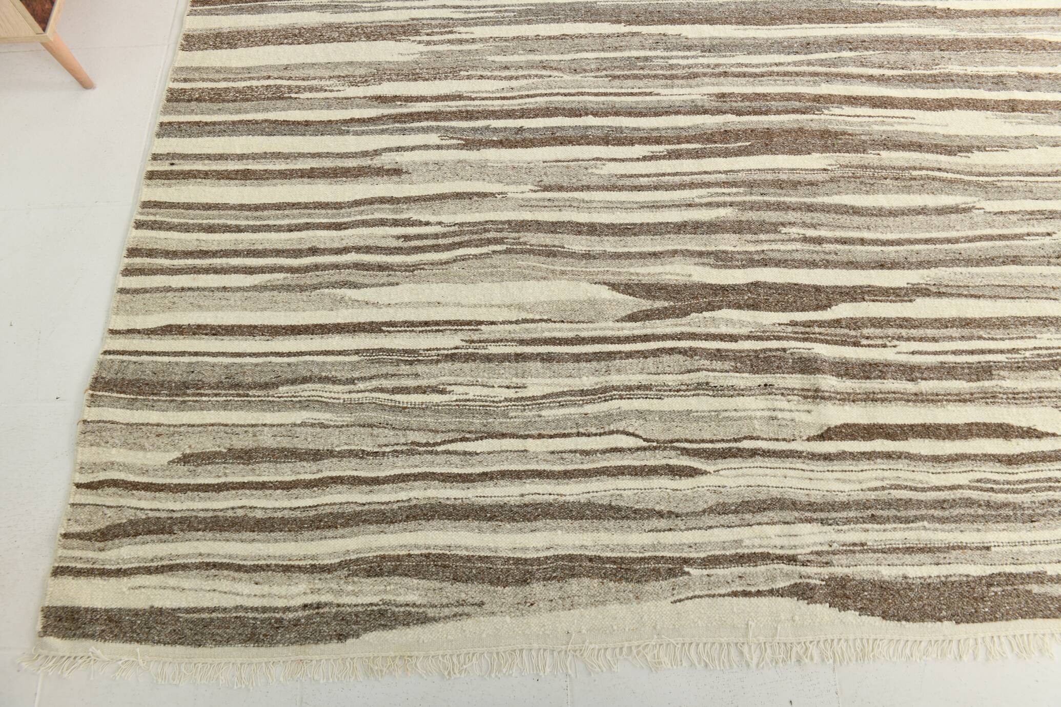 8x11 Brown Beige Minimalist Handmade Wool Kilim Rug, 226x350Cm