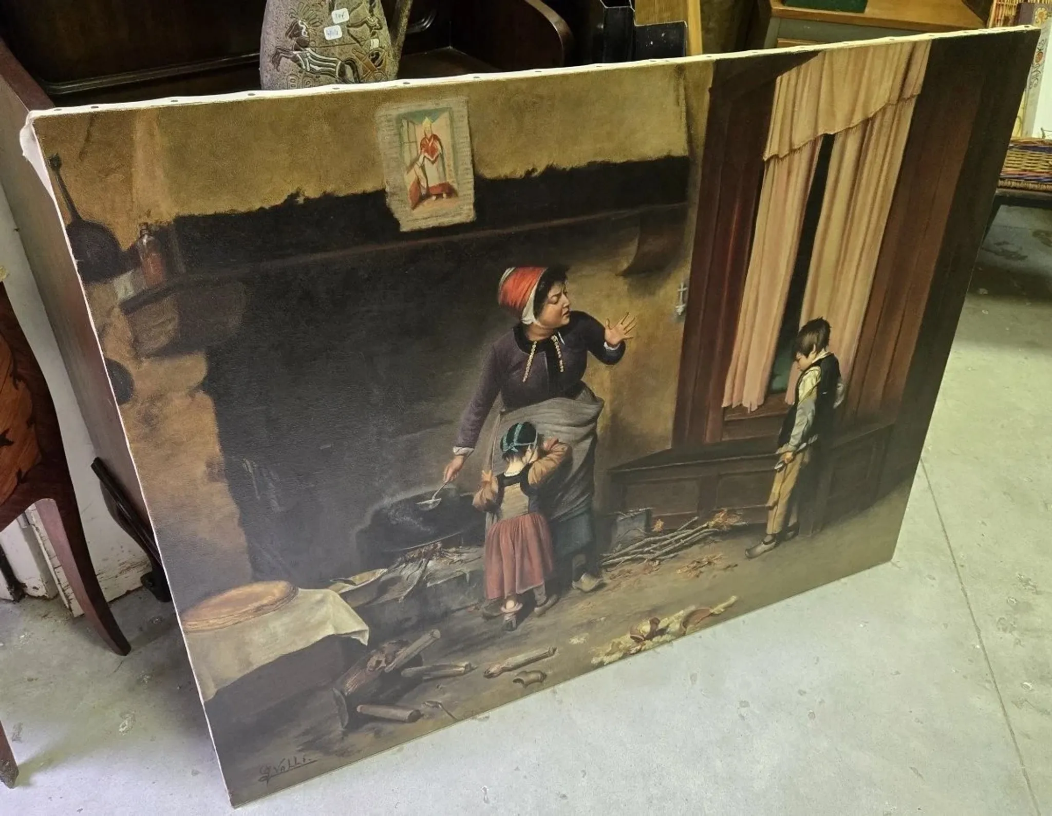 Very large oil on canvas – “La Remontrance” – Signed Valli - 20th century