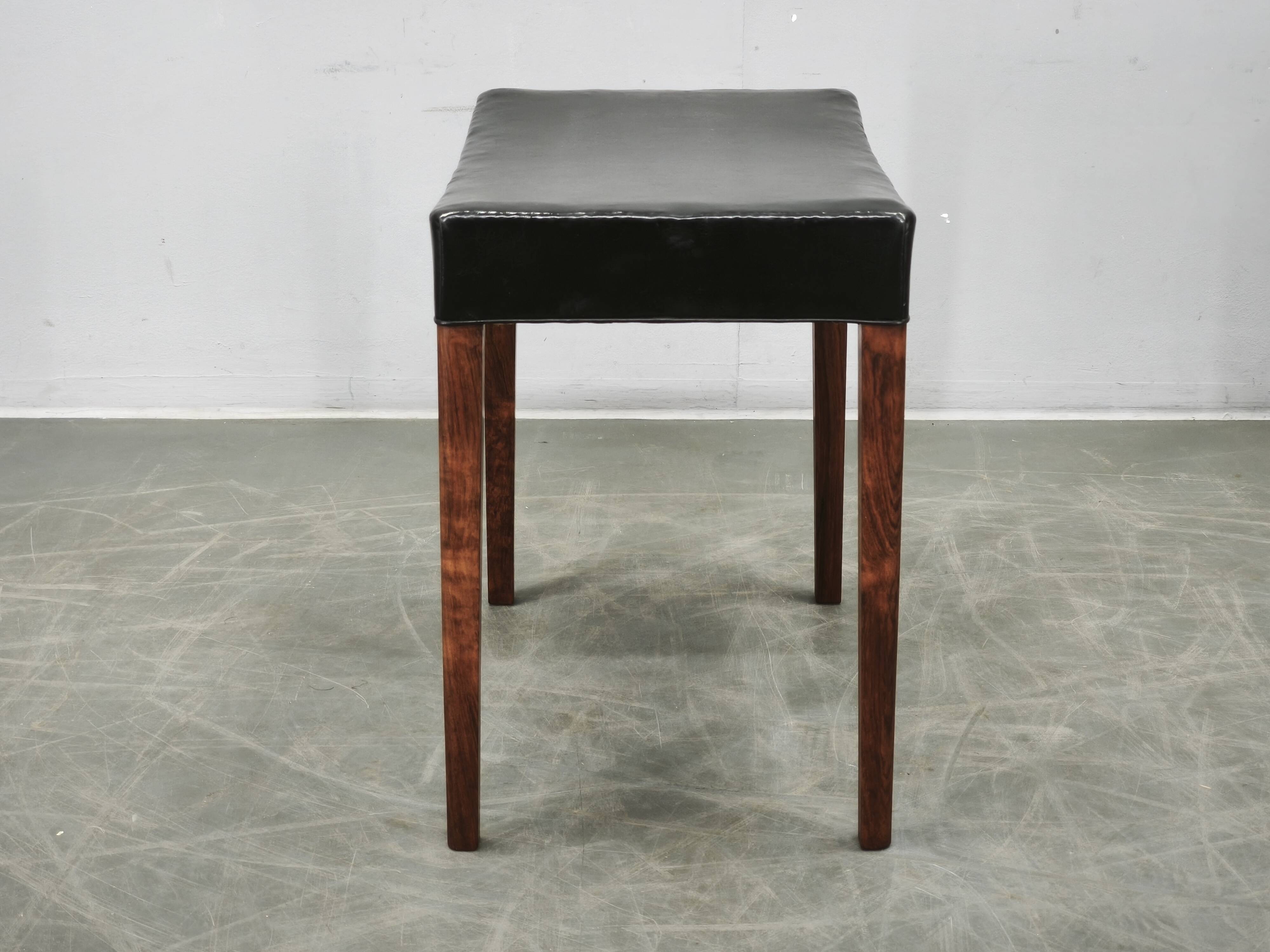 1960s Danish Modern Wood and Black Leather Stool