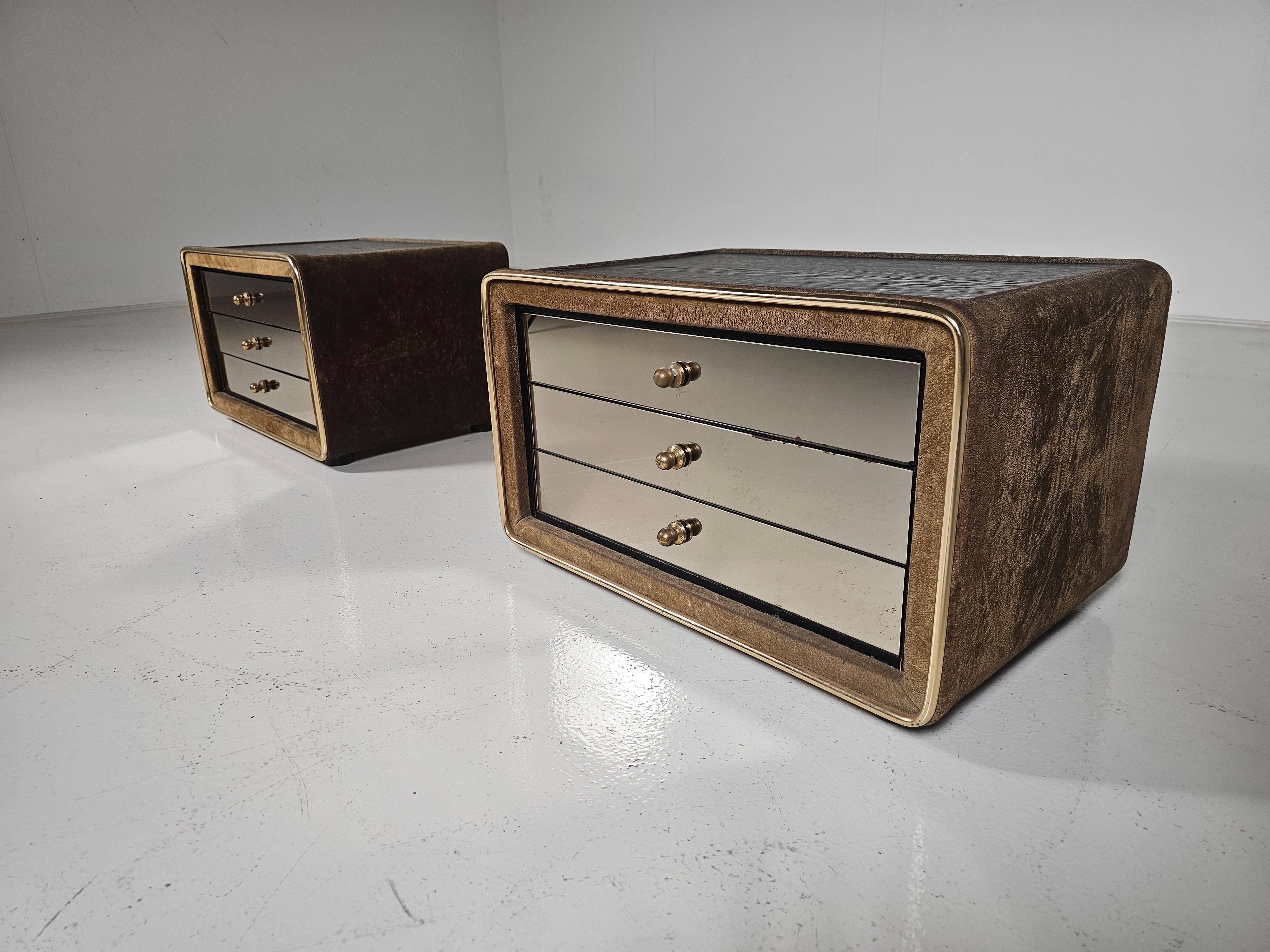 Pair of brass and suede bedside tables by RUF International, 1970.
