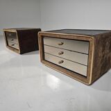 Pair of brass and suede bedside tables by RUF International, 1970.