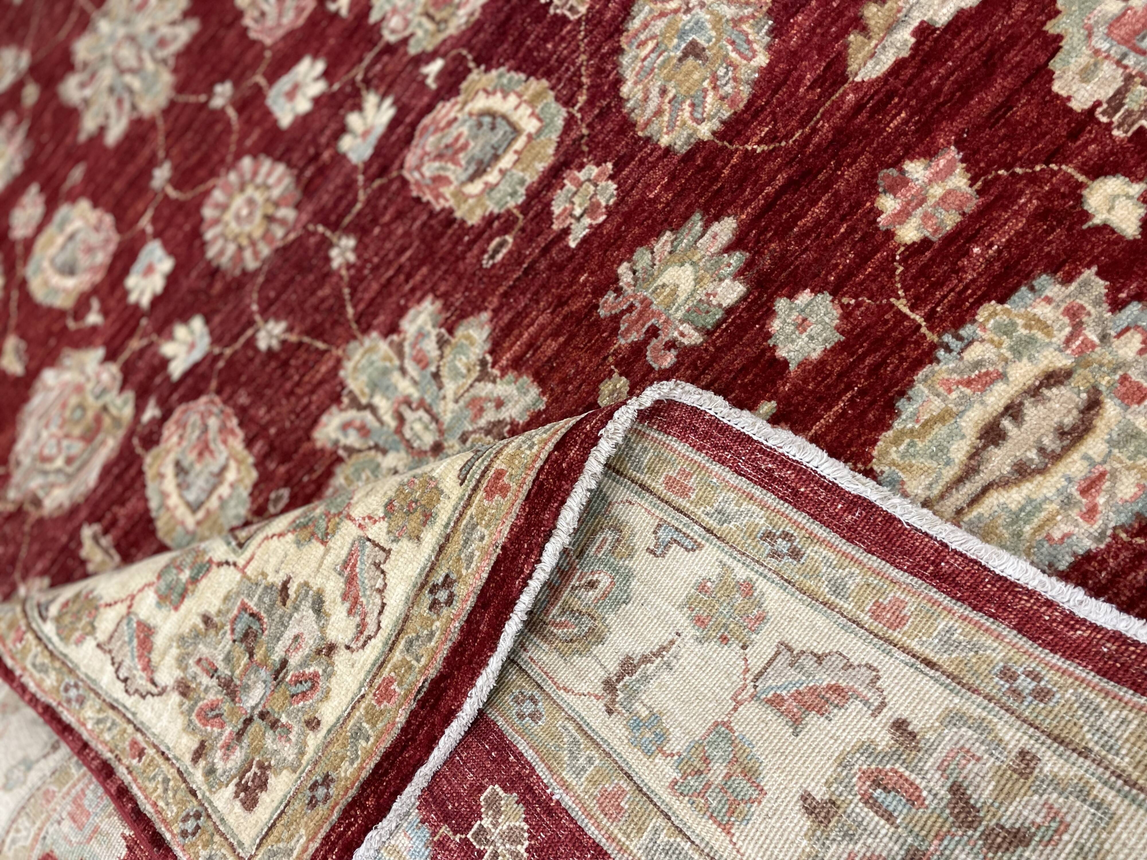 Tapis Zeigler en laine rouge fait main, motif floral, pour salon et séjour, 144 x 190 cm