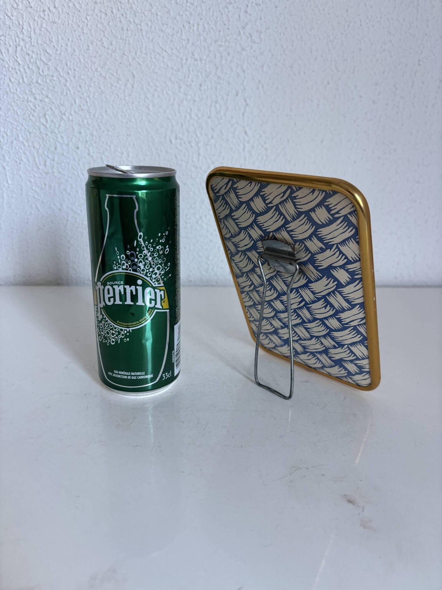 Vintage 1960 barber mirror, shaving or travel, gold and blue - 16 x 11 cm