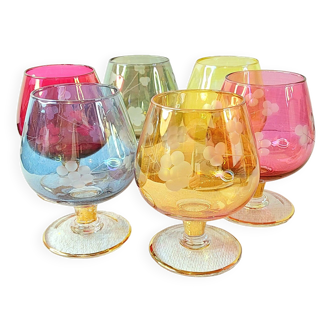 Old chiseled polychrome cognac glasses