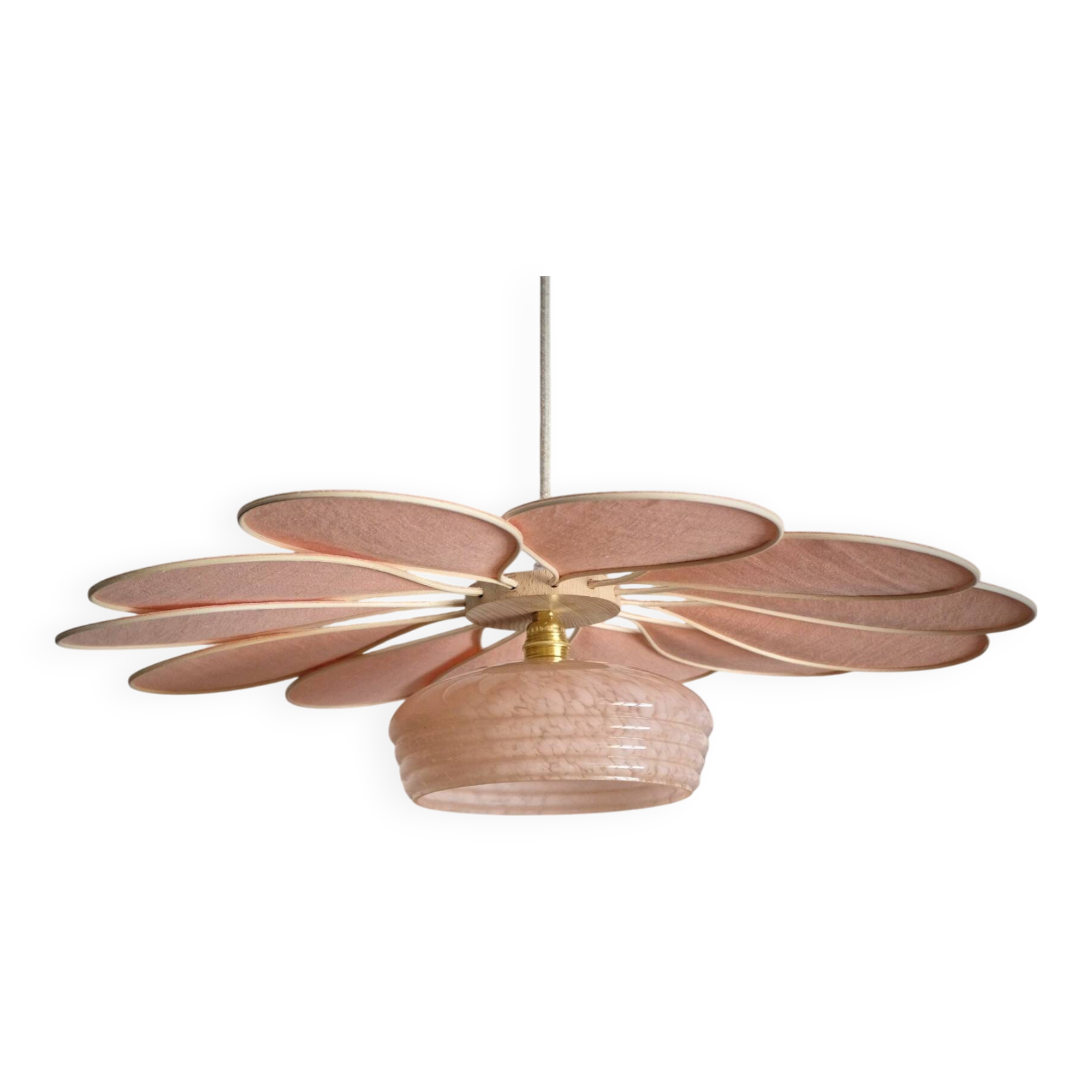 Rattan and Pink Linen Flower Pendant Light and Vintage Clichy Glass Globe