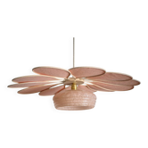 Suspension Fleur en Rotin et Lin Rose et Globe vintage en verre de Clichy