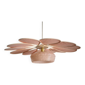 Suspension Fleur en Rotin et Lin Rose et Globe vintage en verre de Clichy