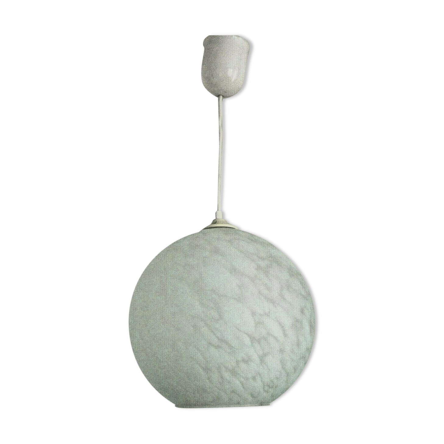 French suspended ceiling light in the shape of a white ball, Clichy 3336 glass shade.