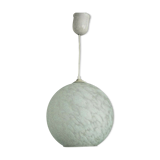 French suspended ceiling light in the shape of a white ball, Clichy 3336 glass shade.