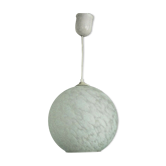 French suspended ceiling light in the shape of a white ball, Clichy 3336 glass shade.