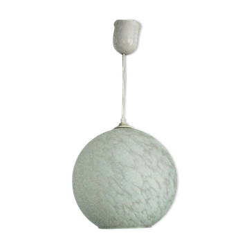 French suspended ceiling light in the shape of a white ball, Clichy 3336 glass shade.