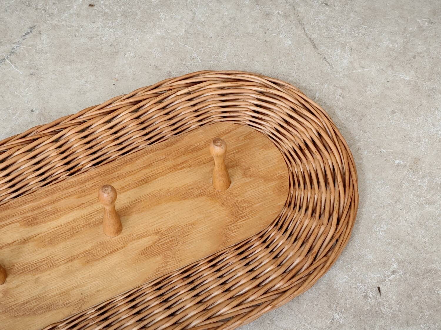 Rattan and wood wall coat rack by ULUV, former Czechoslovakia 1960