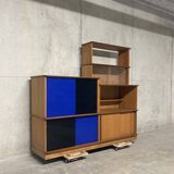 Asymmetrical golden oak display case bookcase Oscar vintage furniture from the 60s