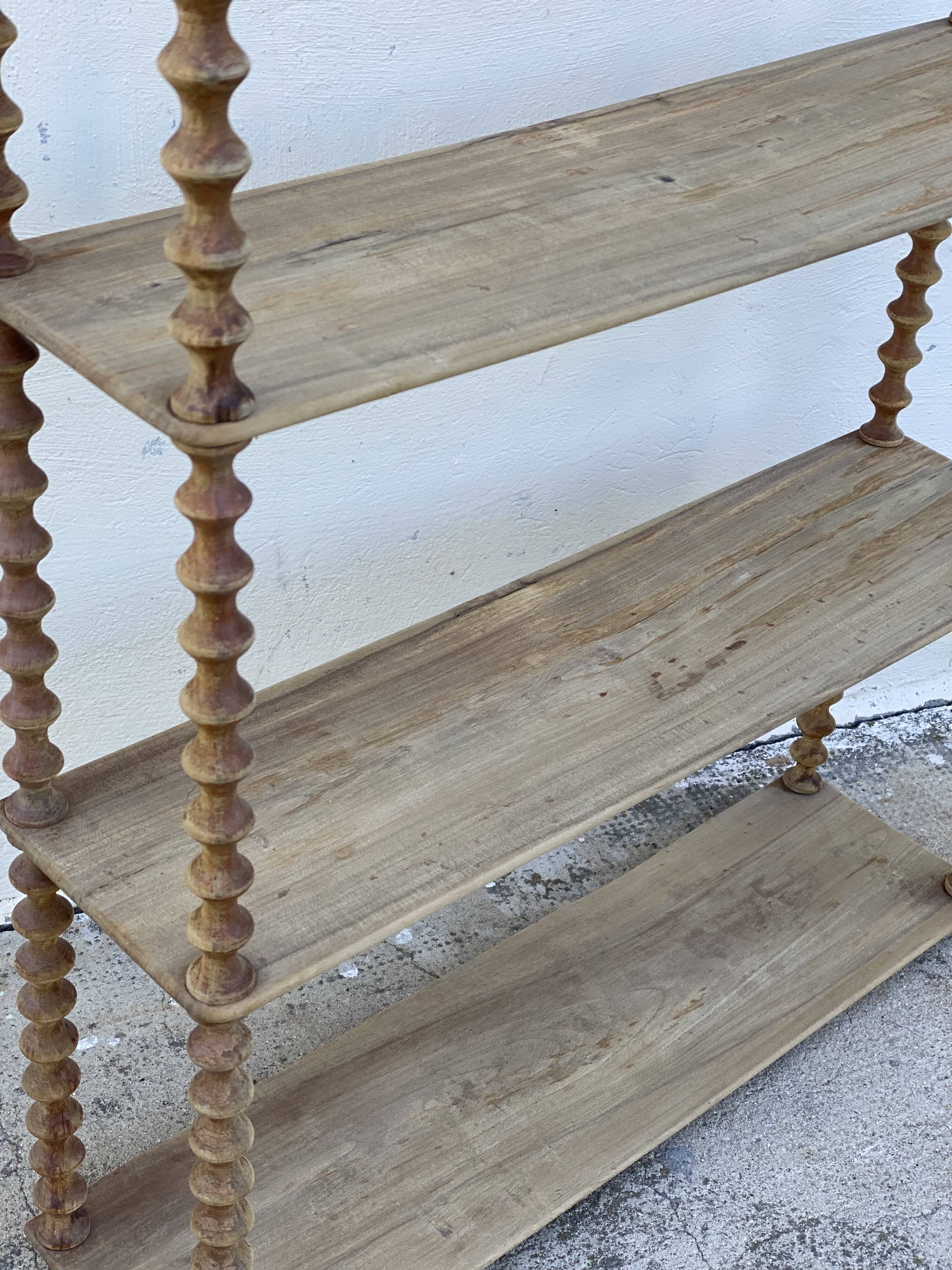 Large 19th-century turned wood wall shelf, stripped.