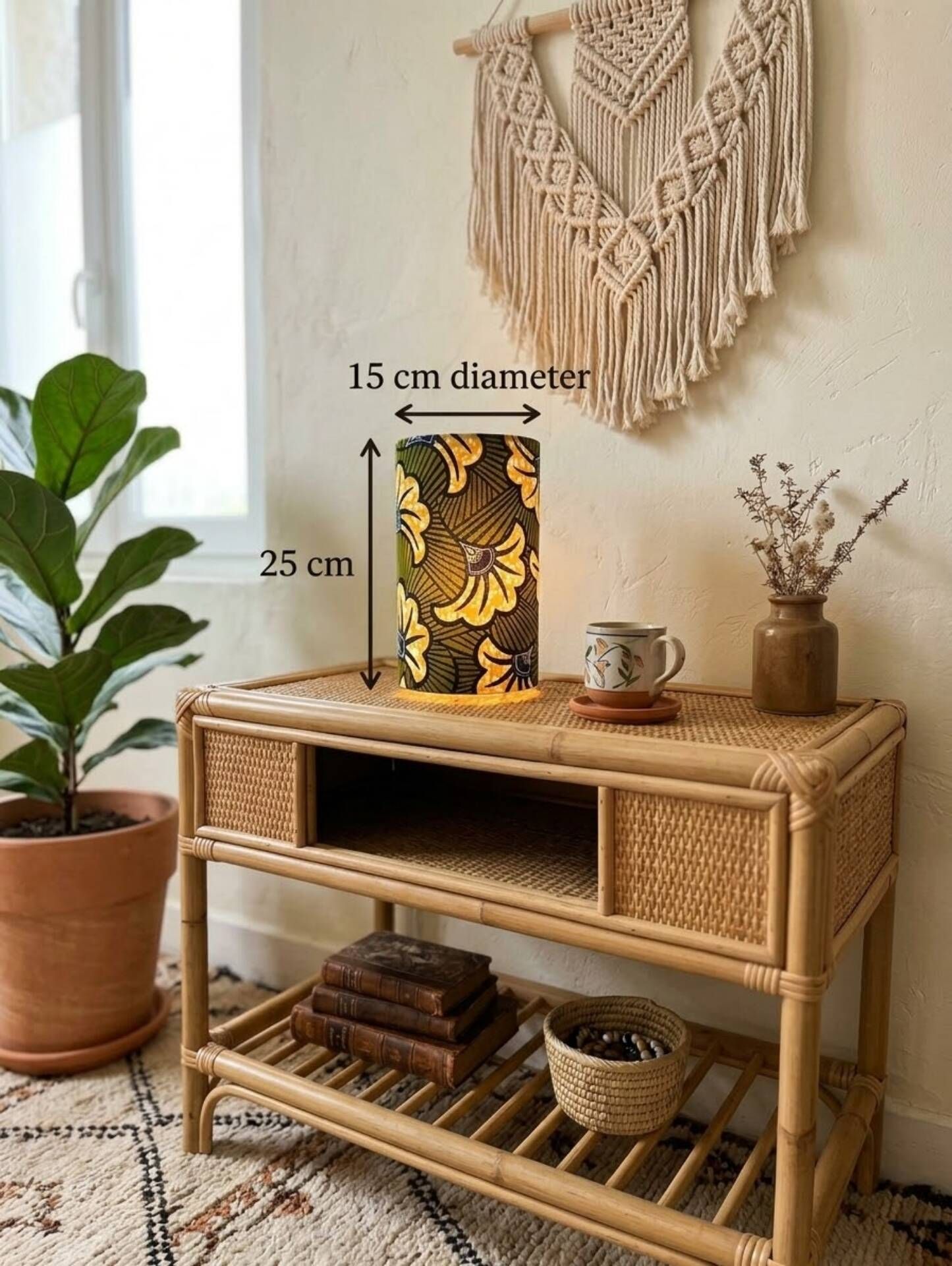 Olive green/yellow ethnic printed flower wax tube lamp