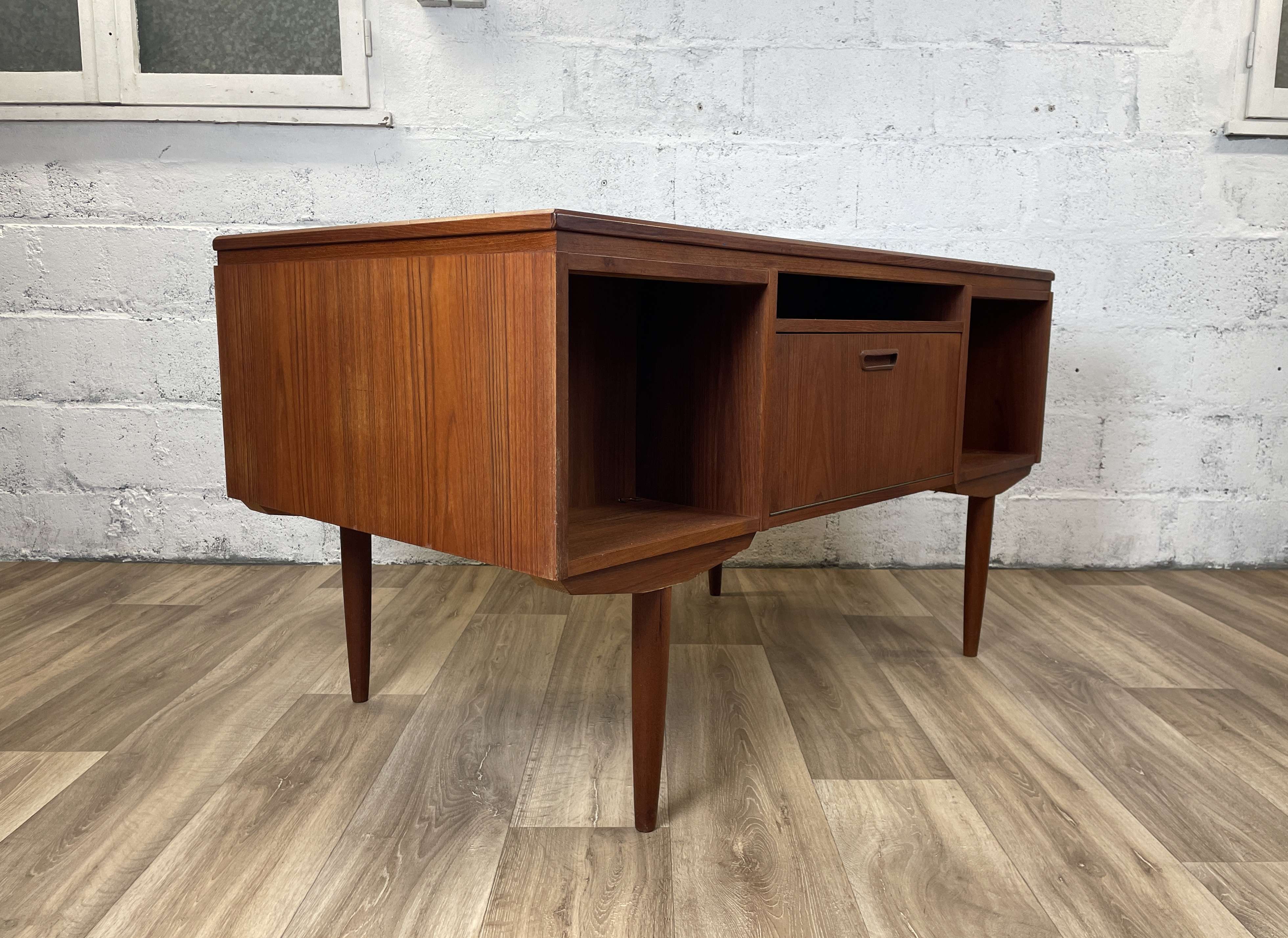 Vintage scandinavian double-sided teak desk by andreas pedersen, 60s
