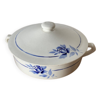 Saint-Amand vintage earthenware tureen, blue stencil pattern