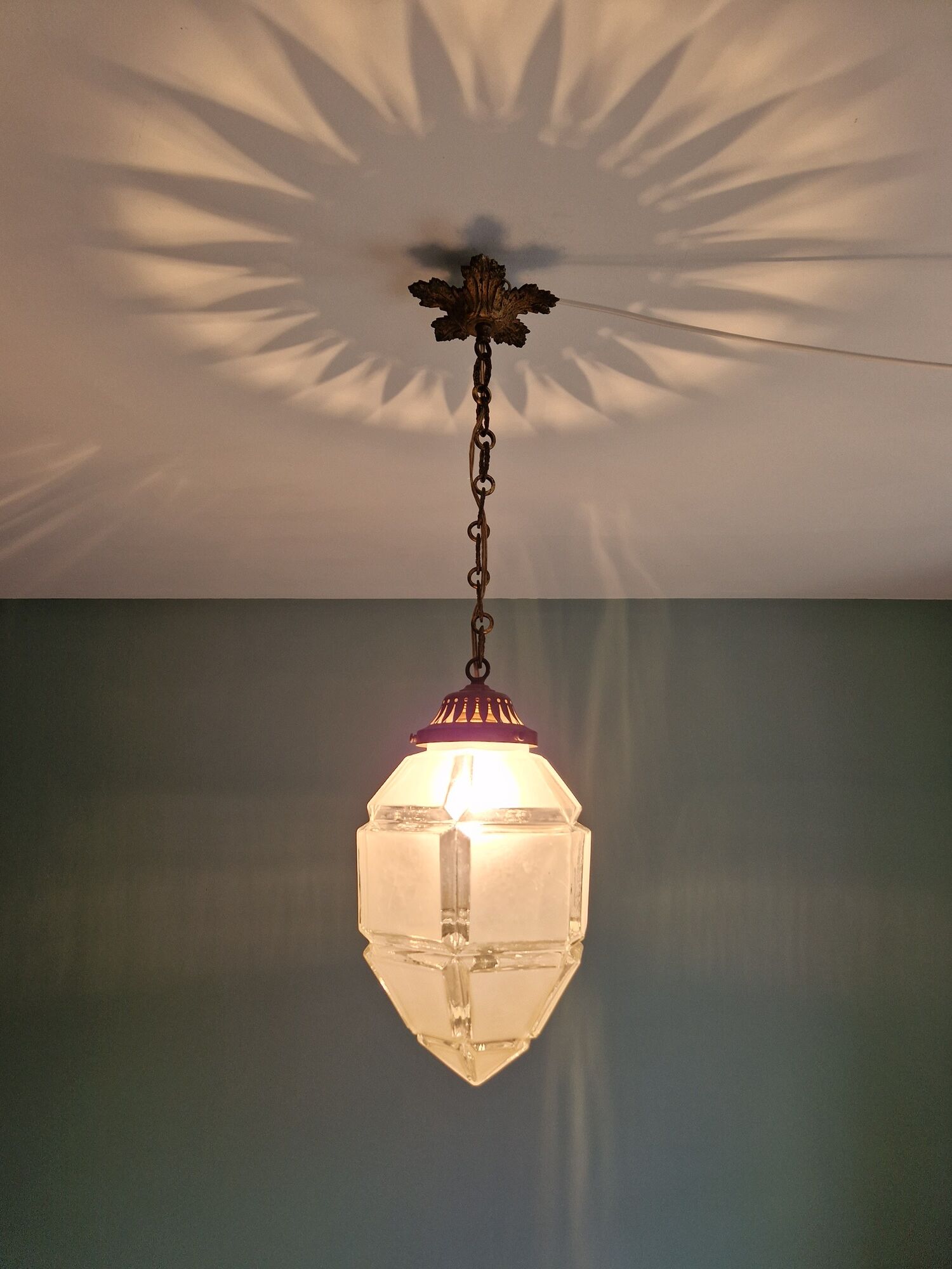 Art Deco pendant lamp in satin glass and bronze frame