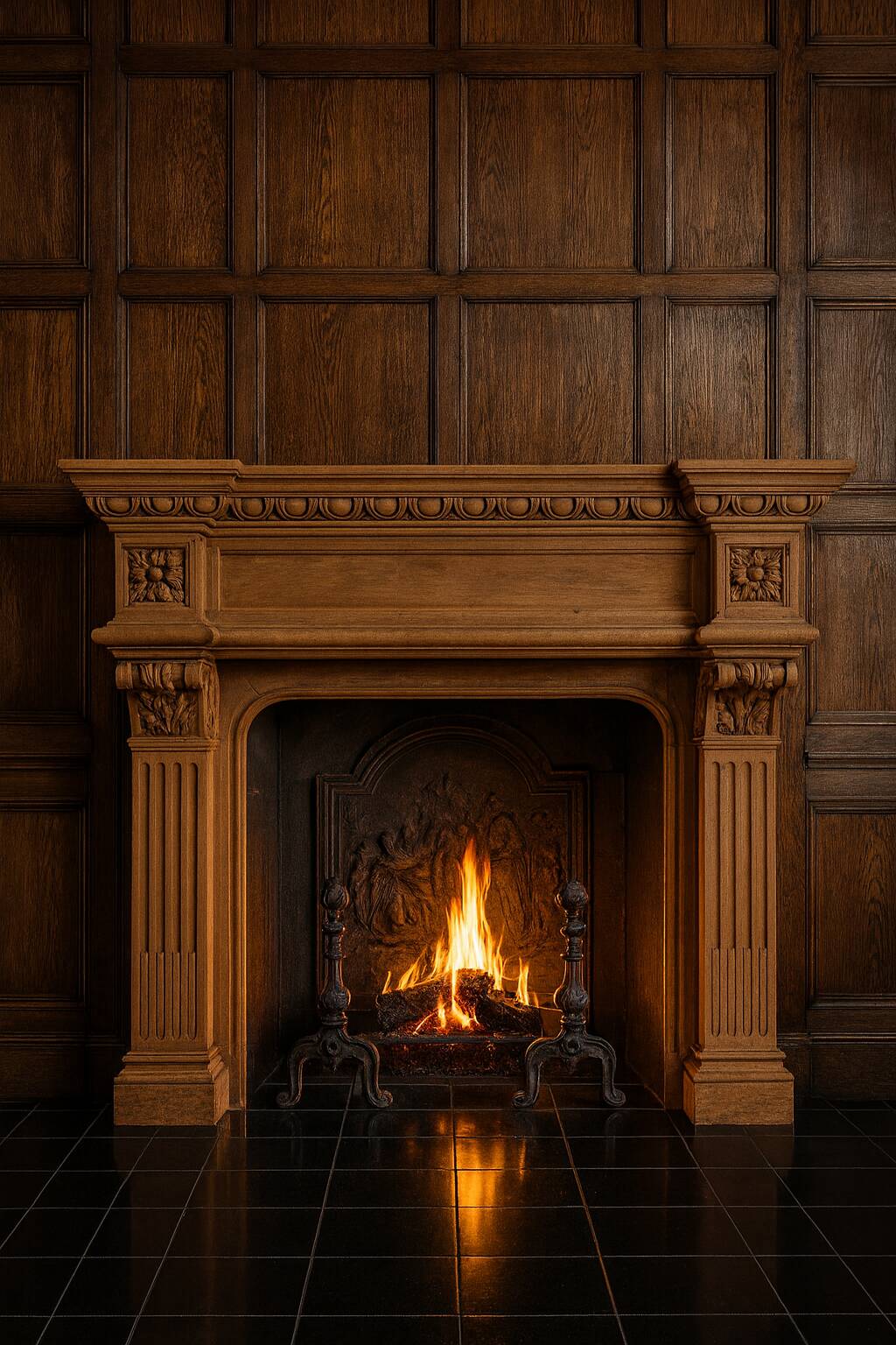 19th-century oak castle fireplace