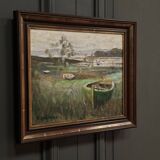 Oil on canvas by R. Queïnnec landscape with boats 20th century