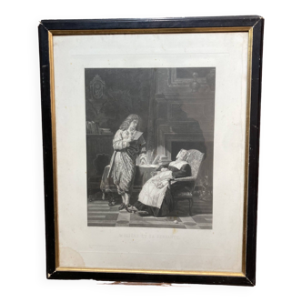 Lithograph entitled "Molière and his servant" framed.