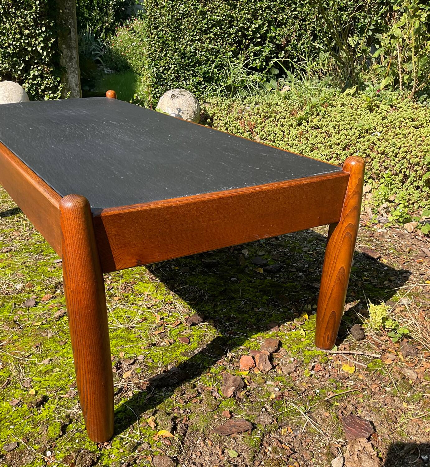 Solid oak and slate coffee table from the 50s-60s