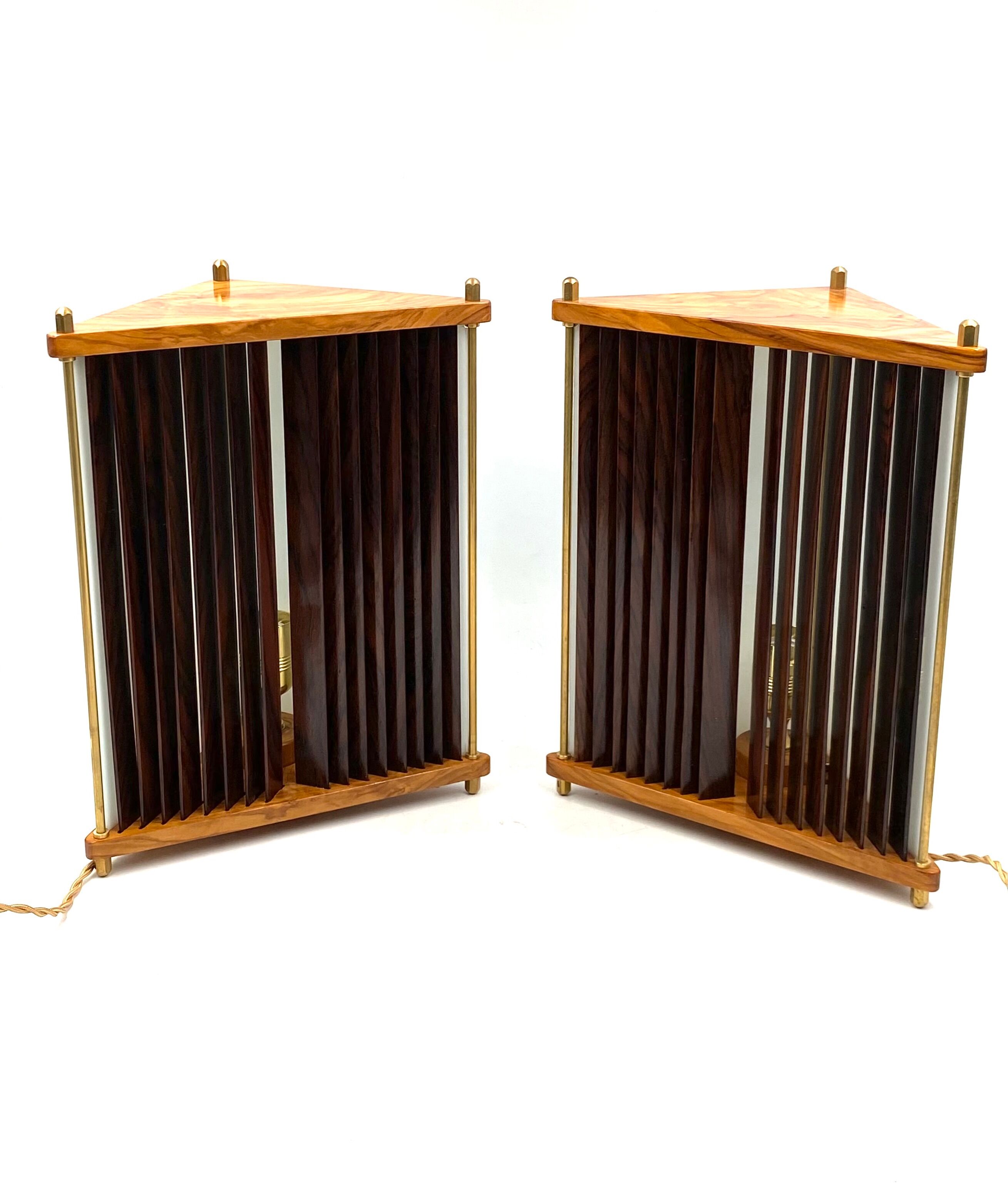 Leonardo Mosso 2 palisander and brass table lamps, Italy 1970s