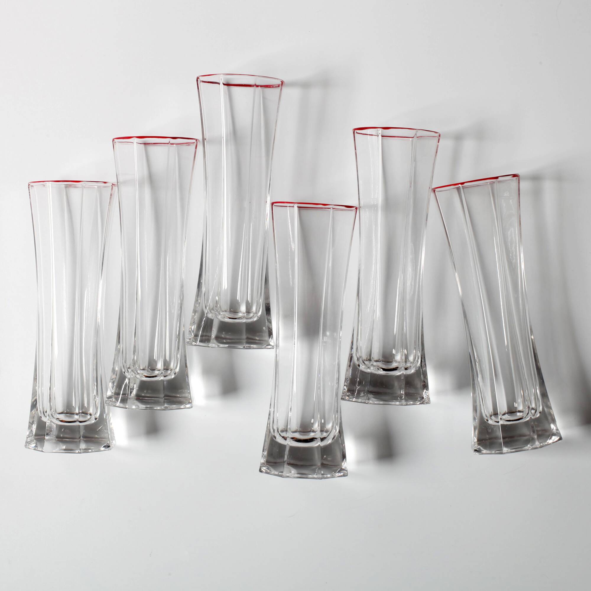 Set of 6 Mid-century Clear Crystal Glasses with Red Rim / Italy / 1980s