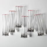 Set of 6 Mid-century Clear Crystal Glasses with Red Rim / Italy / 1980s