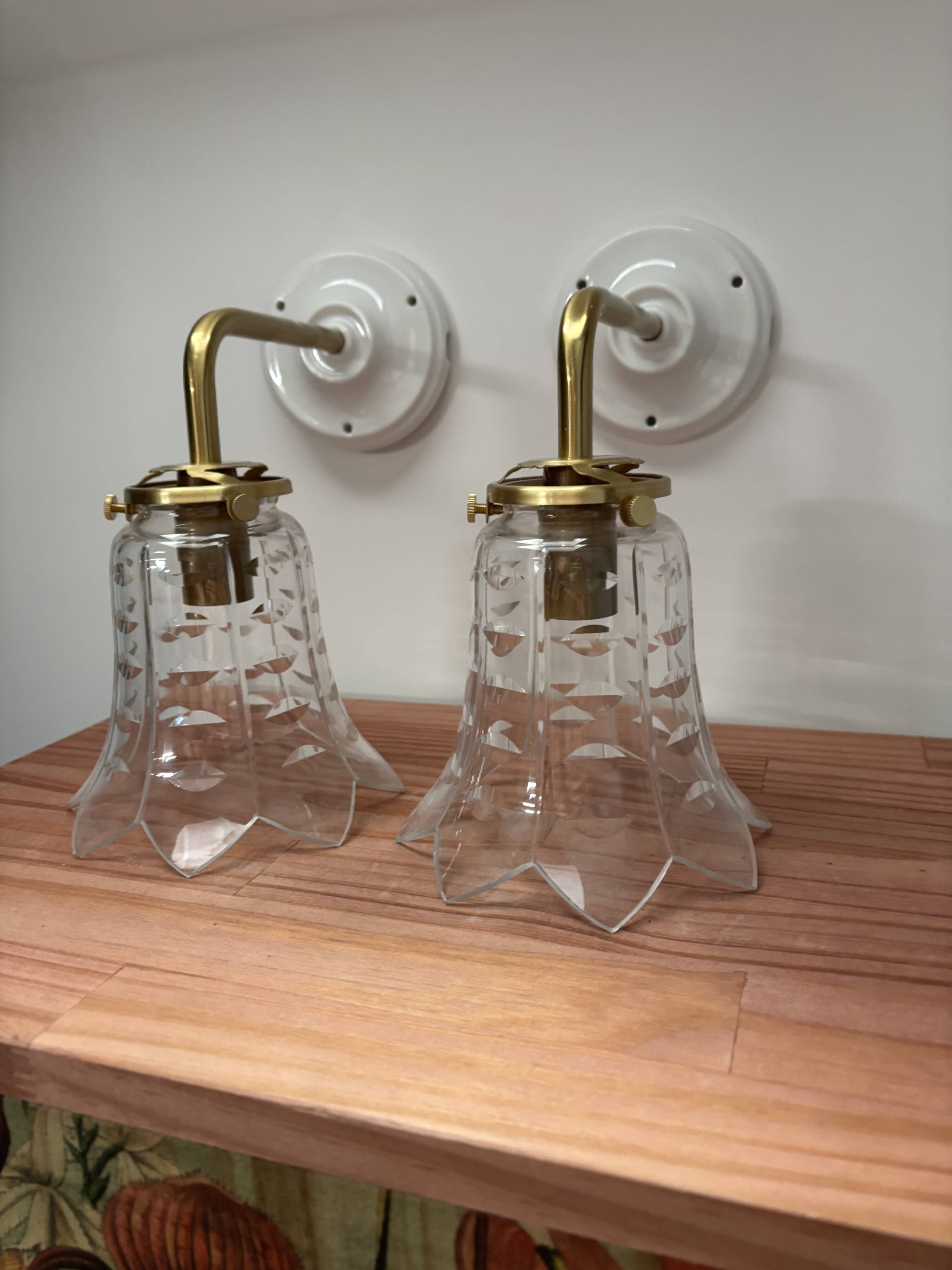Pair of ceramic and glass wall sconces